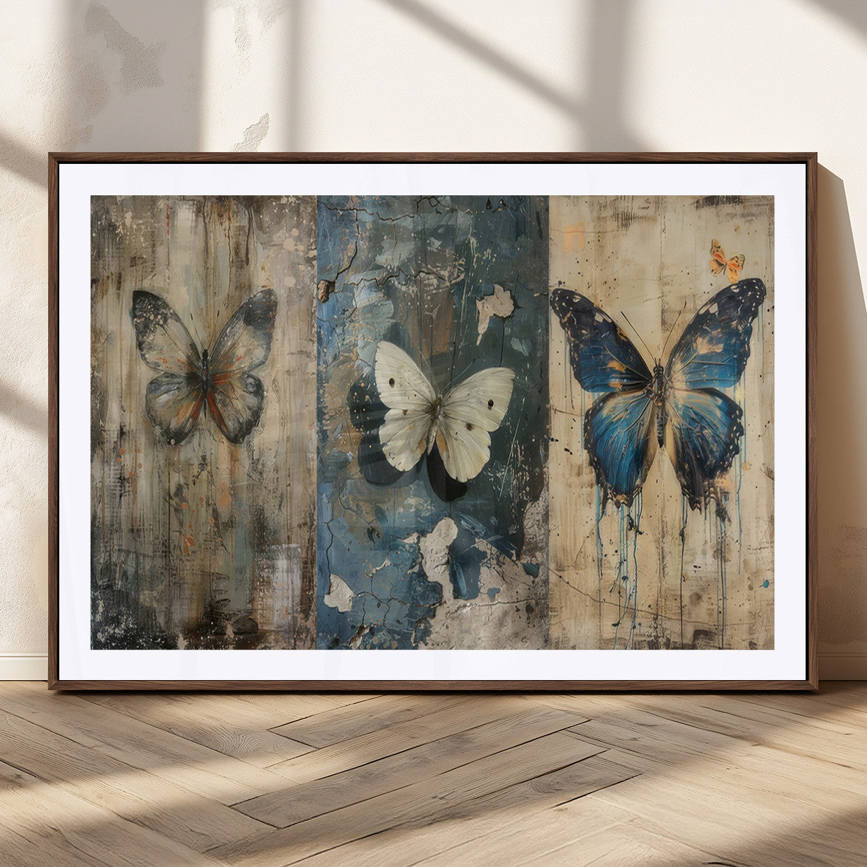 MGC-FP-36x24 - Butterfly Wall Art Trio | Vintage Butterfly Canvas Print | Ready to Hang Framed Artwork for