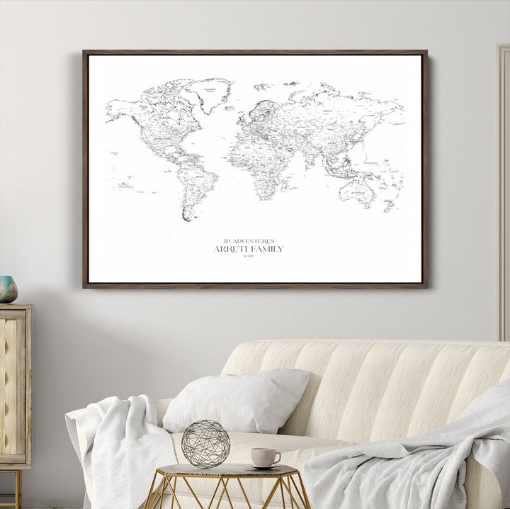 Personalized World Map Wall Art Canvas Print - Custom Push Pin Travel Map Canvas - Framed Map Print for Travel Lover Gift