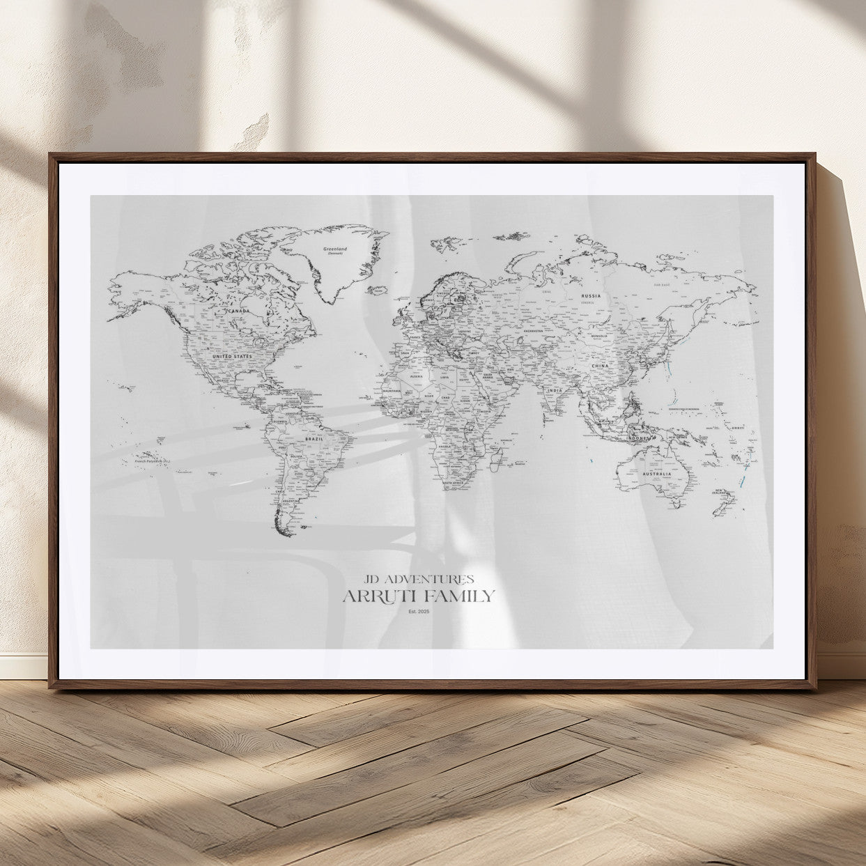 MGC-FP-36x24 - Custom World Map Wall Art – Personalized Framed Canvas Print with Push Pins for Travel Tracking,