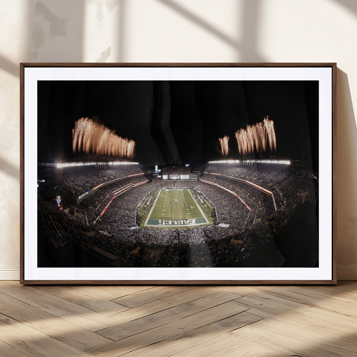 48893-MGC-FP-36x24_Walnut-Eagles Field Stadium Wall Art - Lincoln Financial Field Fireworks Game Triple Canvas Wall Art -