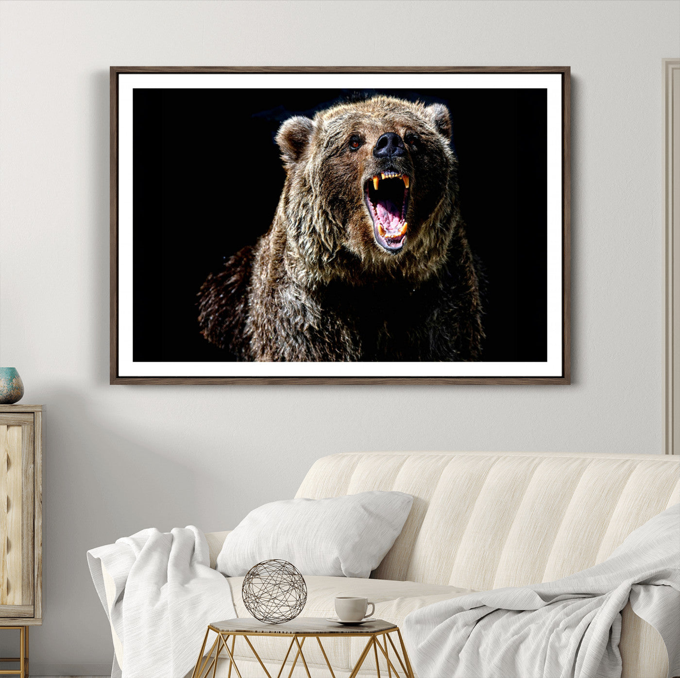 17625-MGC-FP-36x24_Walnut-Grizzly Bear Canvas Print | Wildlife Wall Art for Cabin Decor | Ready to Hang Framed