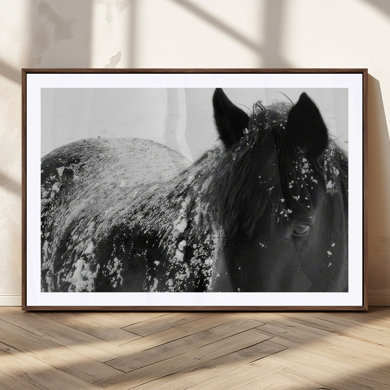 MGC-FP-36x24 - Black Horse in Snow Canvas Print | Winter Horse Wall Art | Ready to Hang and Framed | Farmhouse Wall