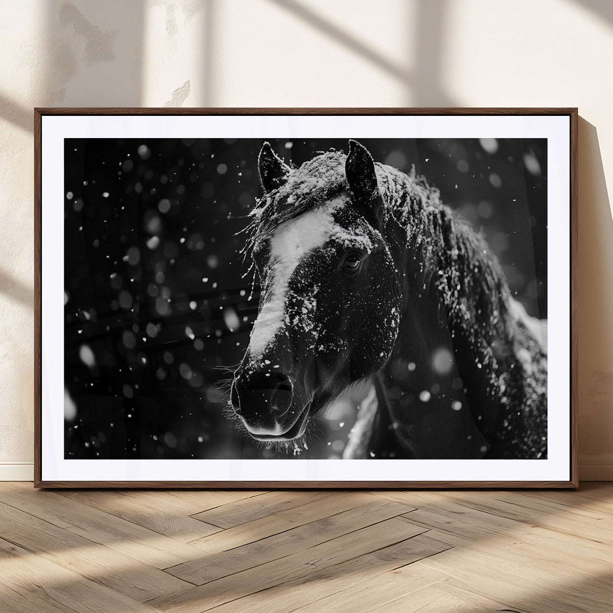 MGC-FP-36x24 - Winter Horse Wall Art | Black and White Horse Print | Ready to Hang and Framed | Farmhouse Wall Art