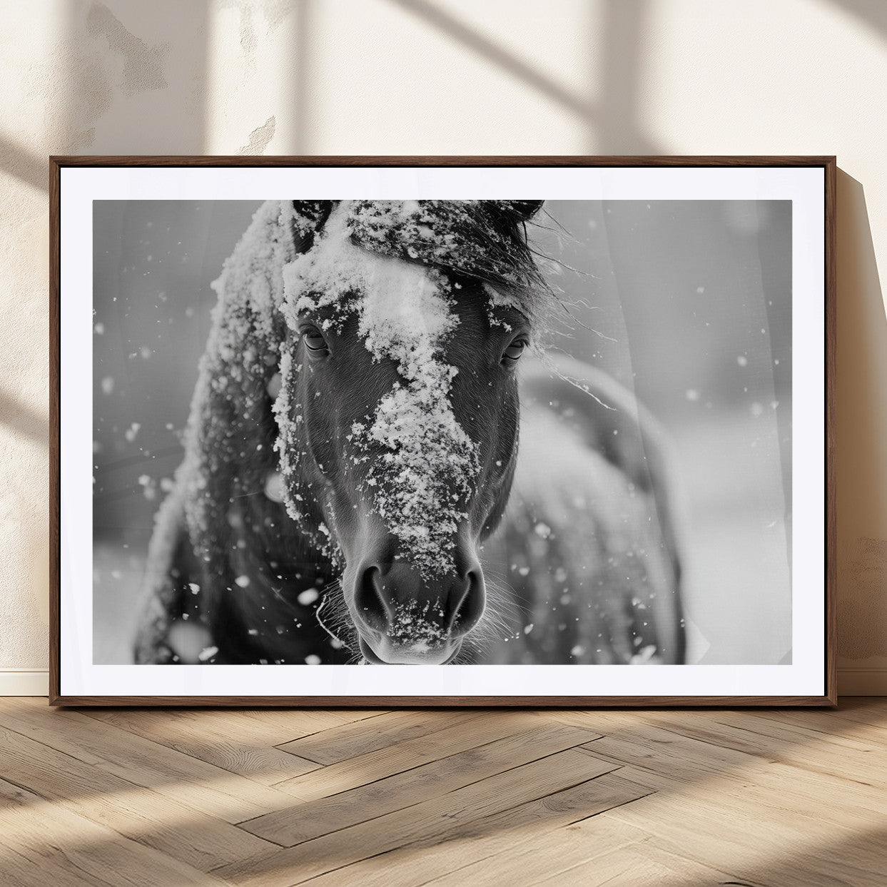 MGC-FP-36x24 - Black and White Horse Winter Wall Art | Ready to Hang and Framed | Farmhouse Wall Decor | Western