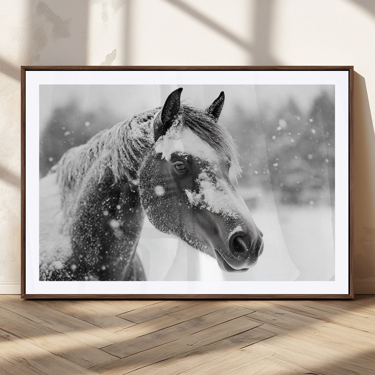 MGC-FP-36x24 - Black Horse Winter Wall Art | Ready to Hang and Framed | Farmhouse and Western Wall Decor for Living