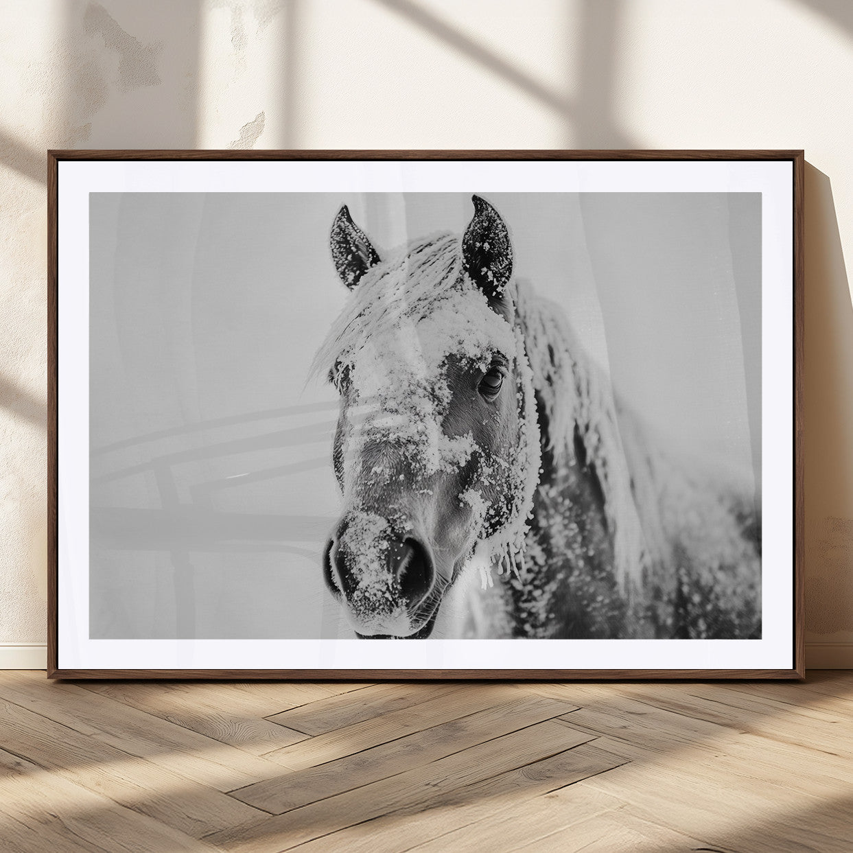 MGC-FP-36x24 - White Horse Wall Art | Ready to Hang and Framed | Winter Horse Wall Art Print for Farmhouse and