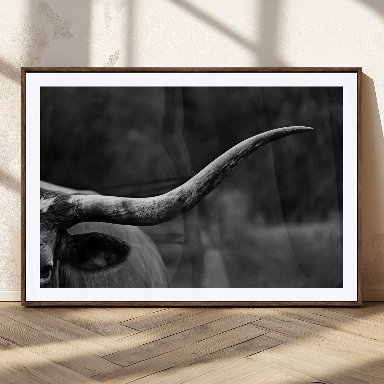 MGC-FP-36x24 - Cow Longhorn Wall Art | Black and White Print | Ready to Hang and Framed | Farmhouse Wall Decor |