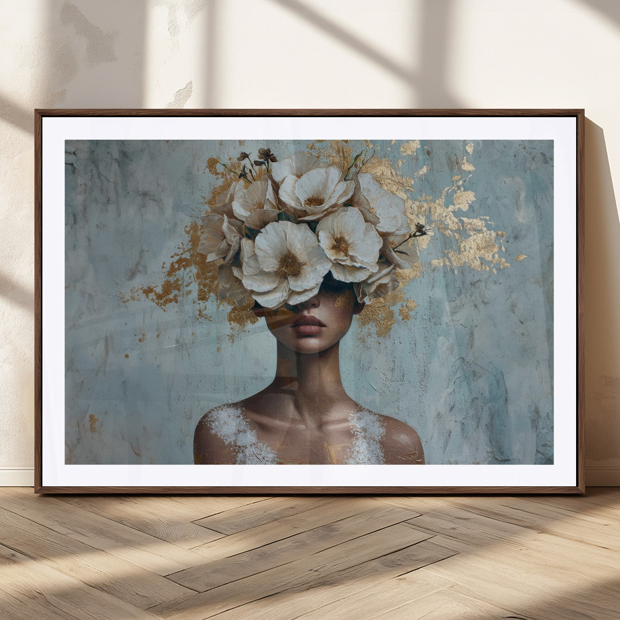 MGC-FP-36x24 - Golden Petal Wall Art - Petal Silhouette Woman Wall Art Canvas Print | Large 3-Panel Canvas with