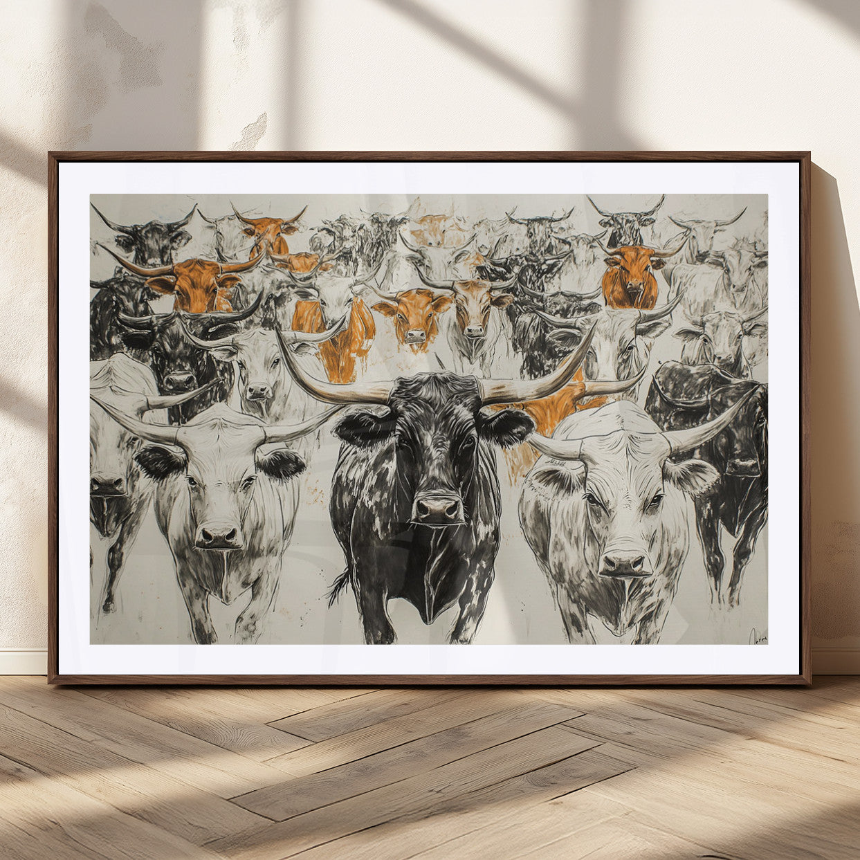 MGC-FP-36x24 - Texas Longhorn Wall Art - Herd Canvas Wall Art Print - Abstract Cow Drawing Wall Art Print for
