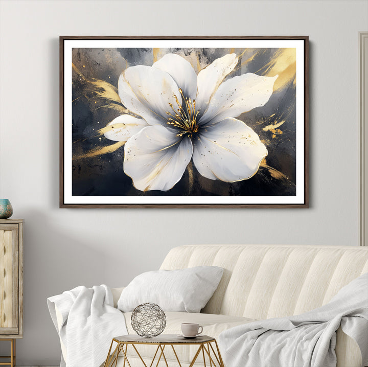 White Flower Wall Art | Canvas Print | Ready to Hang | Abstract Floral Wall Decor | Elegant Bloom Artwork | Framed for Living Room or Bedroom