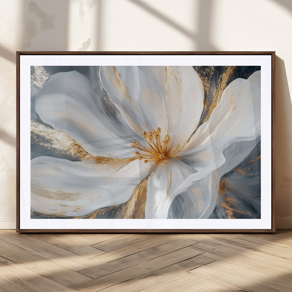 MGC-FP-36x24 - White and Gold Floral Canvas Wall Art - Framed and Ready to Hang - Perfect for Modern Living Rooms