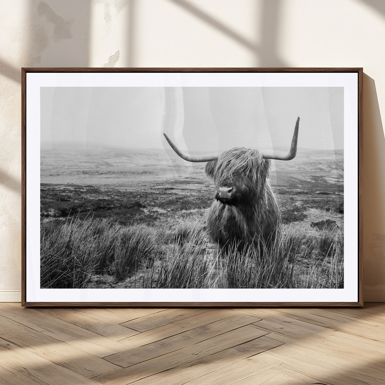 MGC-FP-36x24 - Scottish Highland Cow Wall Art | Black and White Canvas Print | Ready to Hang and Framed | Rustic
