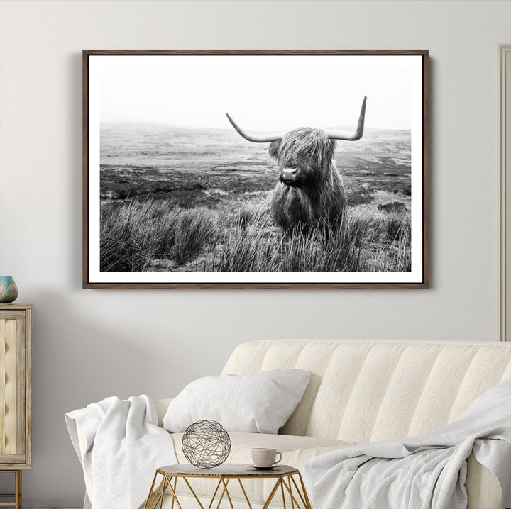 Scottish Highland Cow Wall Art | Black and White Canvas Print | Ready to Hang and Framed | Rustic Farmhouse Wall Decor for Living Room or