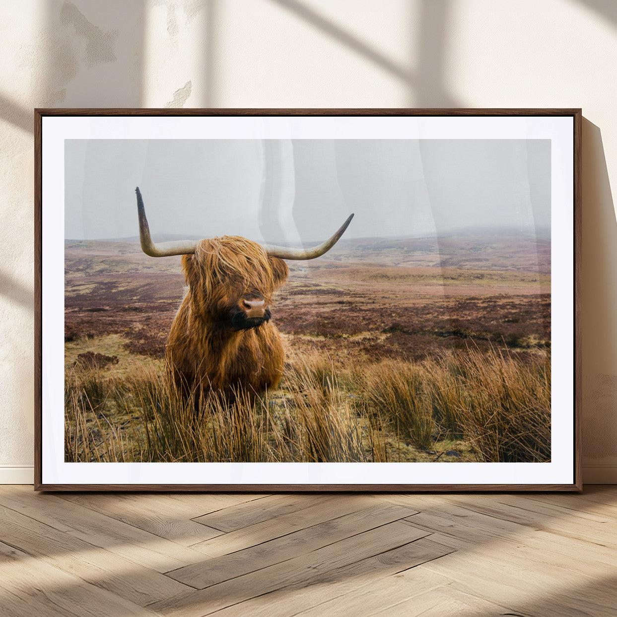 97274-MGC-FP-36x24_Walnut-Scottish Highland Cow Canvas Wall Art – Rustic Farmhouse Charm with Highland Cattle – Ready to Hang