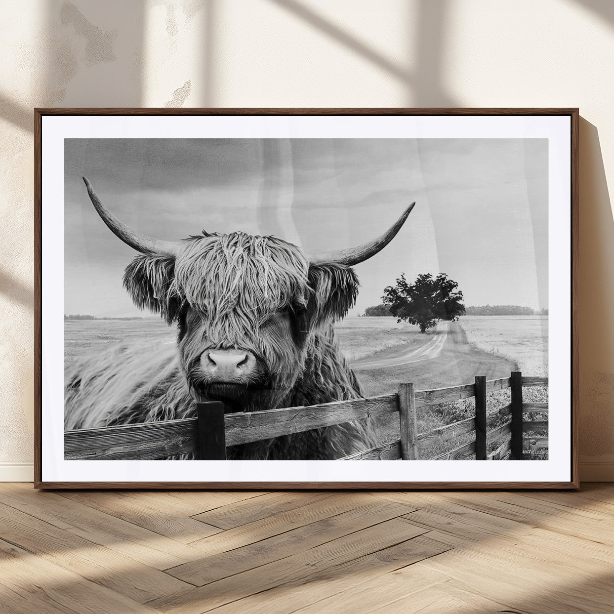 MGC-FP-36x24 - Scottish Highland Cow Wall Art | Rustic Farmhouse Décor | Black and White Ready to Hang Canvas Print