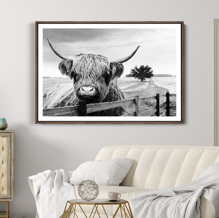 Scottish Highland Cow Wall Art | Rustic Farmhouse Décor | Black and White Ready to Hang Canvas Print