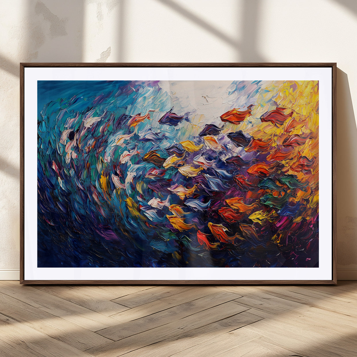 MGC-FP-36x24 - Vibrant Abstract Fish Swarm Art – Colorful Fish Inspired 3-Piece Canvas Wall Art for Living Room or