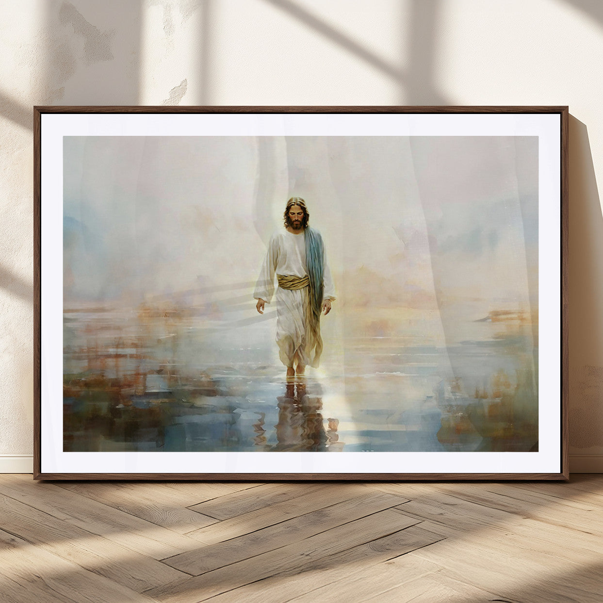 MGC-FP-36x24 - Framed Jesus Walking on Water Wall Art - 3-Panel Christian Canvas Prints, Religious Artwork for
