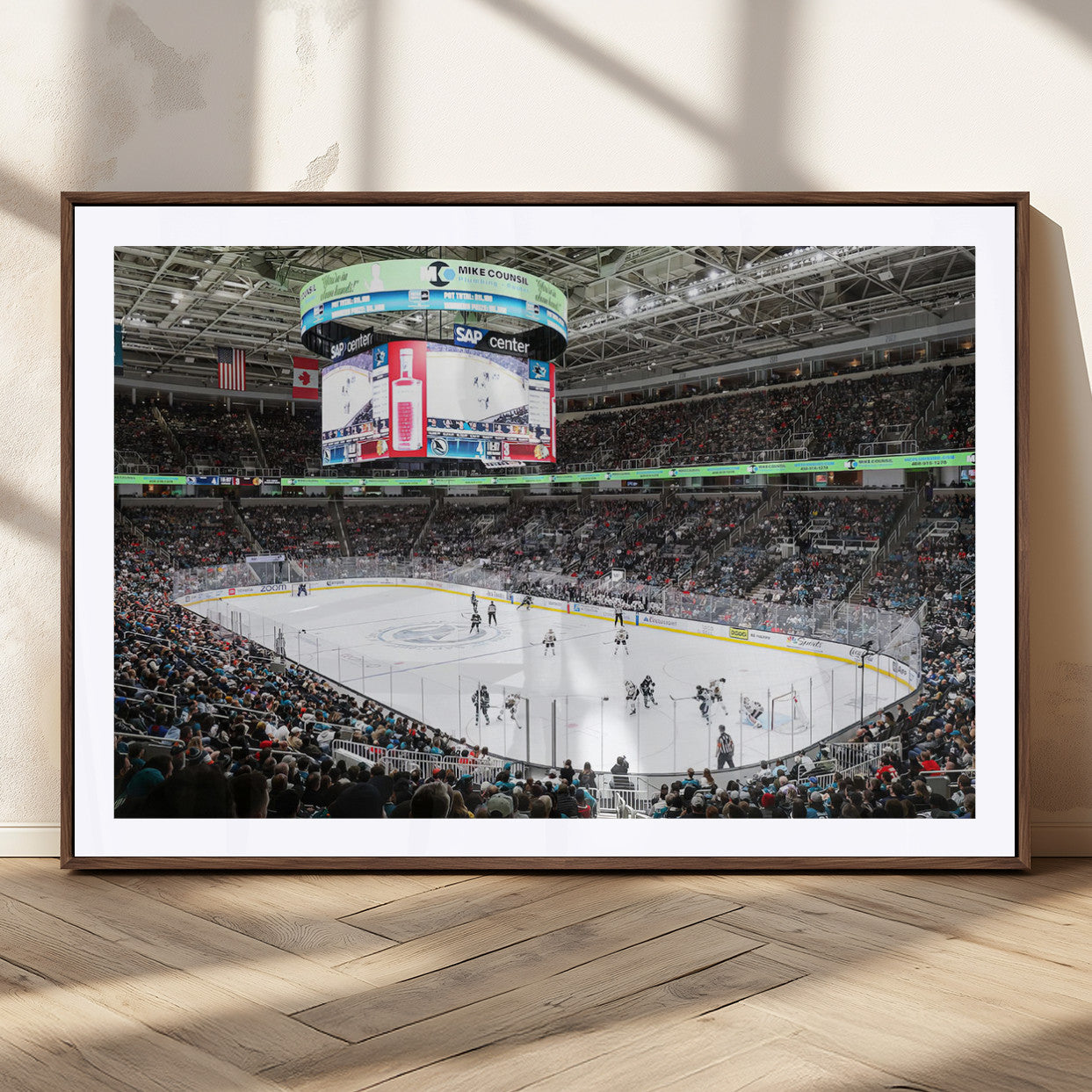 MGC-FP-36x24 - Sharks Arena Blackhawks Sharks Ice Hockey Stadium Wall Art Canvas Print, Framed Blackhawks Sharks