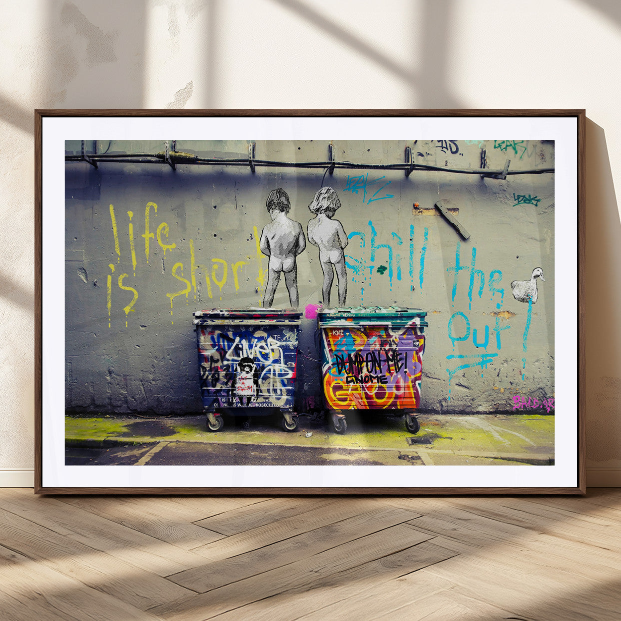 MGC-FP-36x24 - Banksy Life is Short Wall Art - Iconic Graffiti Art on Framed Ready-to-Hang Canvas - Street Art
