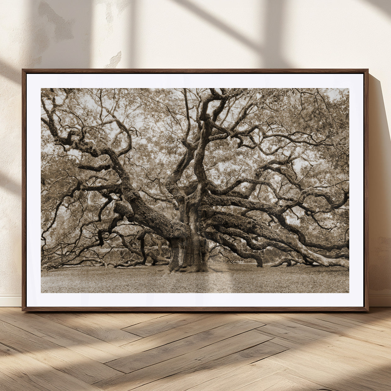 51126-MGC-FP-36x24_Walnut-Sepia Framed Angel Oak Tree Wall Art - 3-Panel Canvas Prints, Large Green Nature Artwork, Ready to