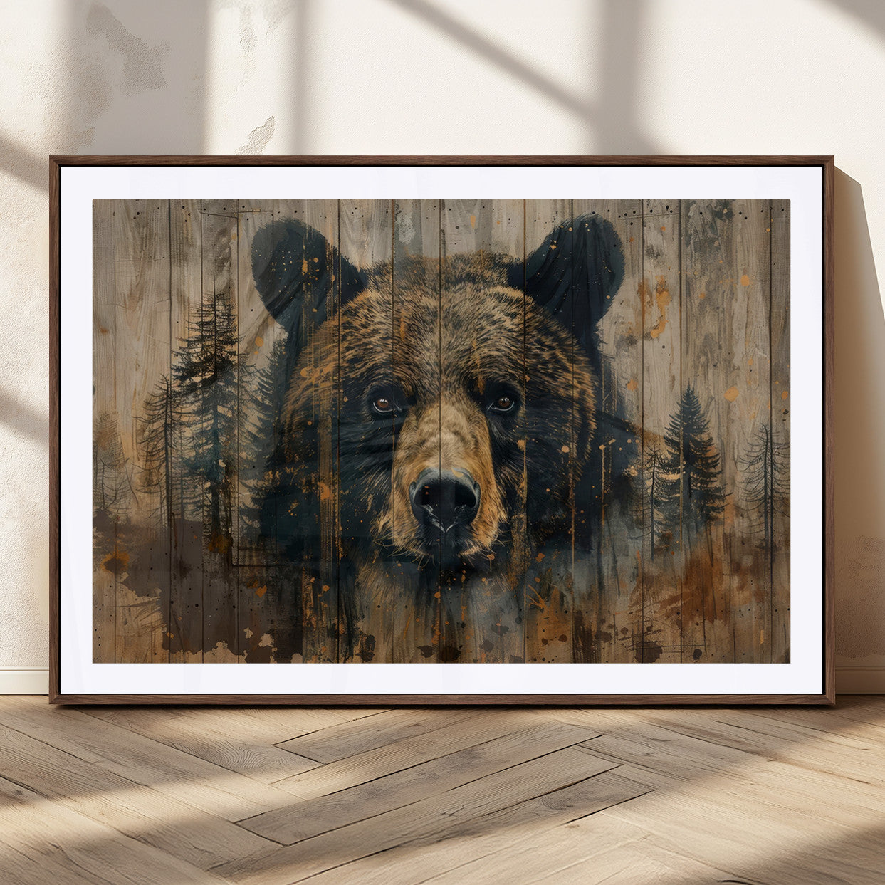 MGC-FP-36x24 - Abstract 399 Bear Wall Art | Rustic Cabin Wall Decor with Forest Design | Framed and Ready to Hang |