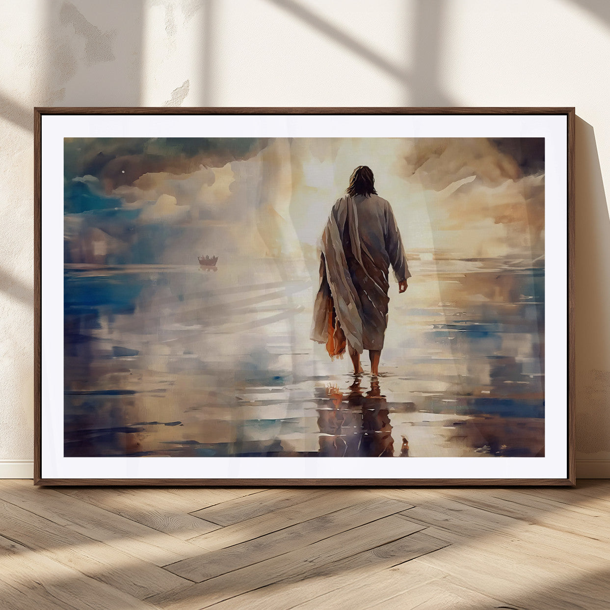 MGC-FP-36x24 - Jesus Walking on Water Wall Art | Ready to Hang Spiritual Triptych Canvas Print | Inspirational