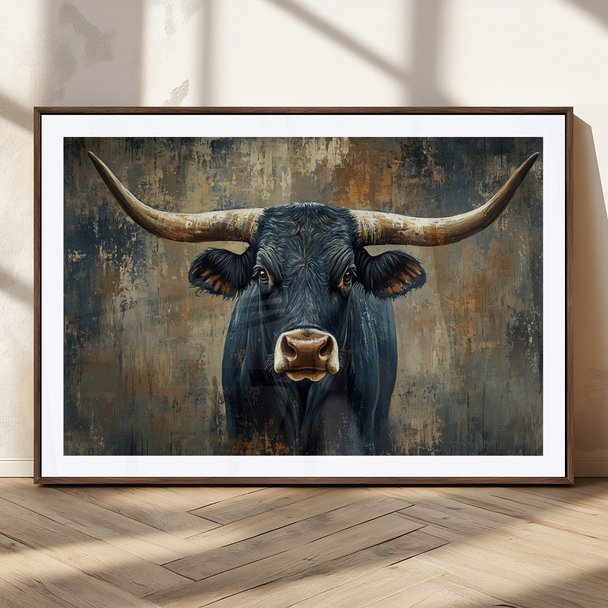 MGC-FP-36x24 - Texas Western Wall Art Canvas Print - Abstract Cow Longhorn Bull Wall Art Canvas Print - Rustic Cow
