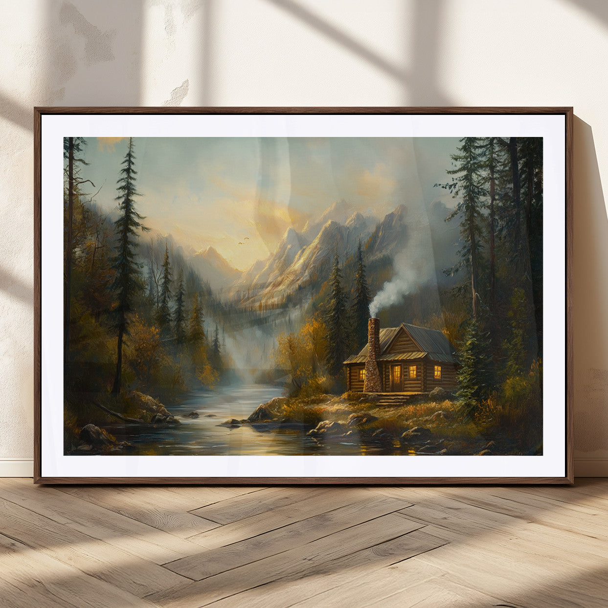 MGC-FP-36x24 - Wood Cabin Retreat Mountain at Sunset Wall Art Print - Serene Forest and River Landscape Wall Art