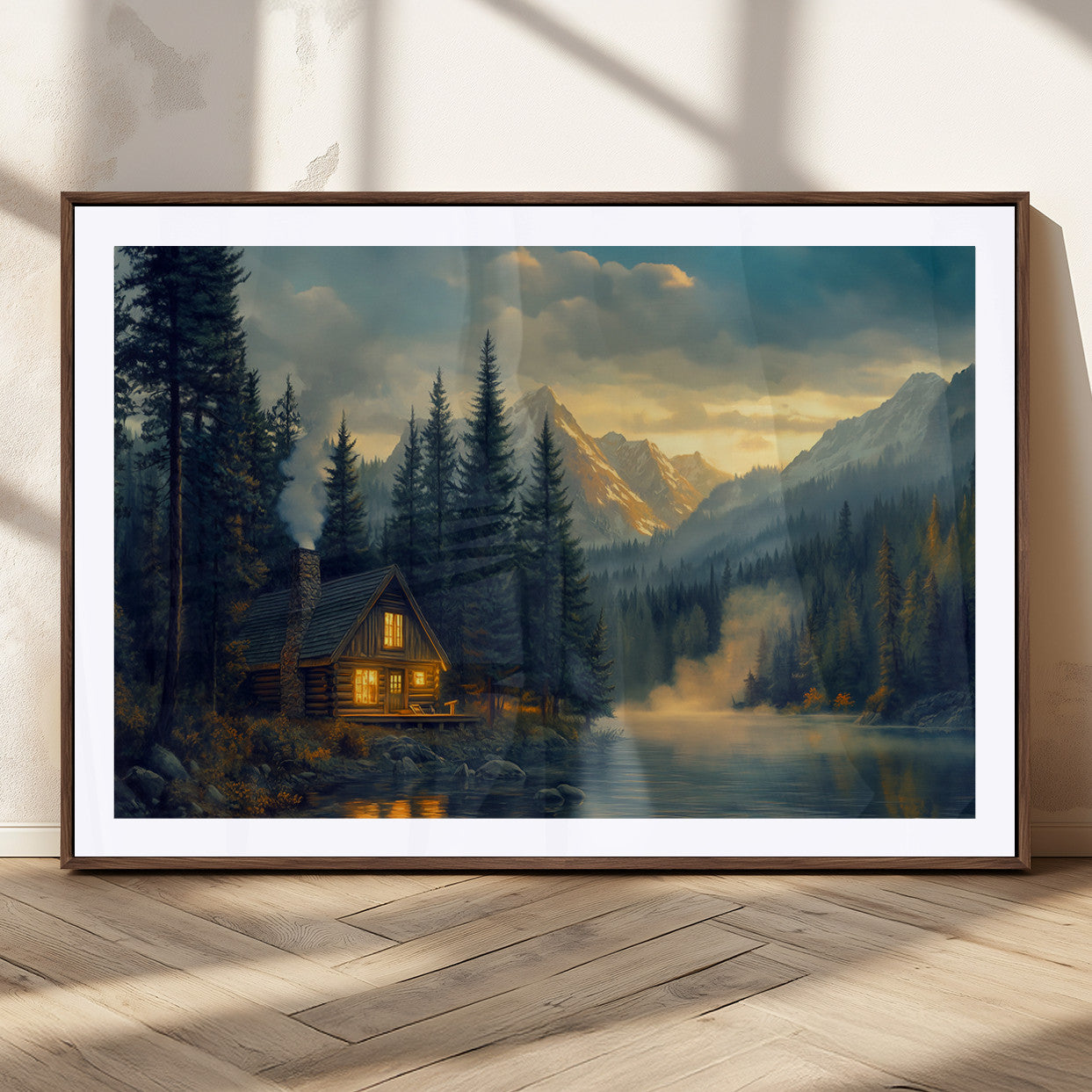 MGC-FP-36x24 - Mountain Cabin by the Lake at Sunset Wall Art - Serene Nature Canvas Print for Living Room Decor,