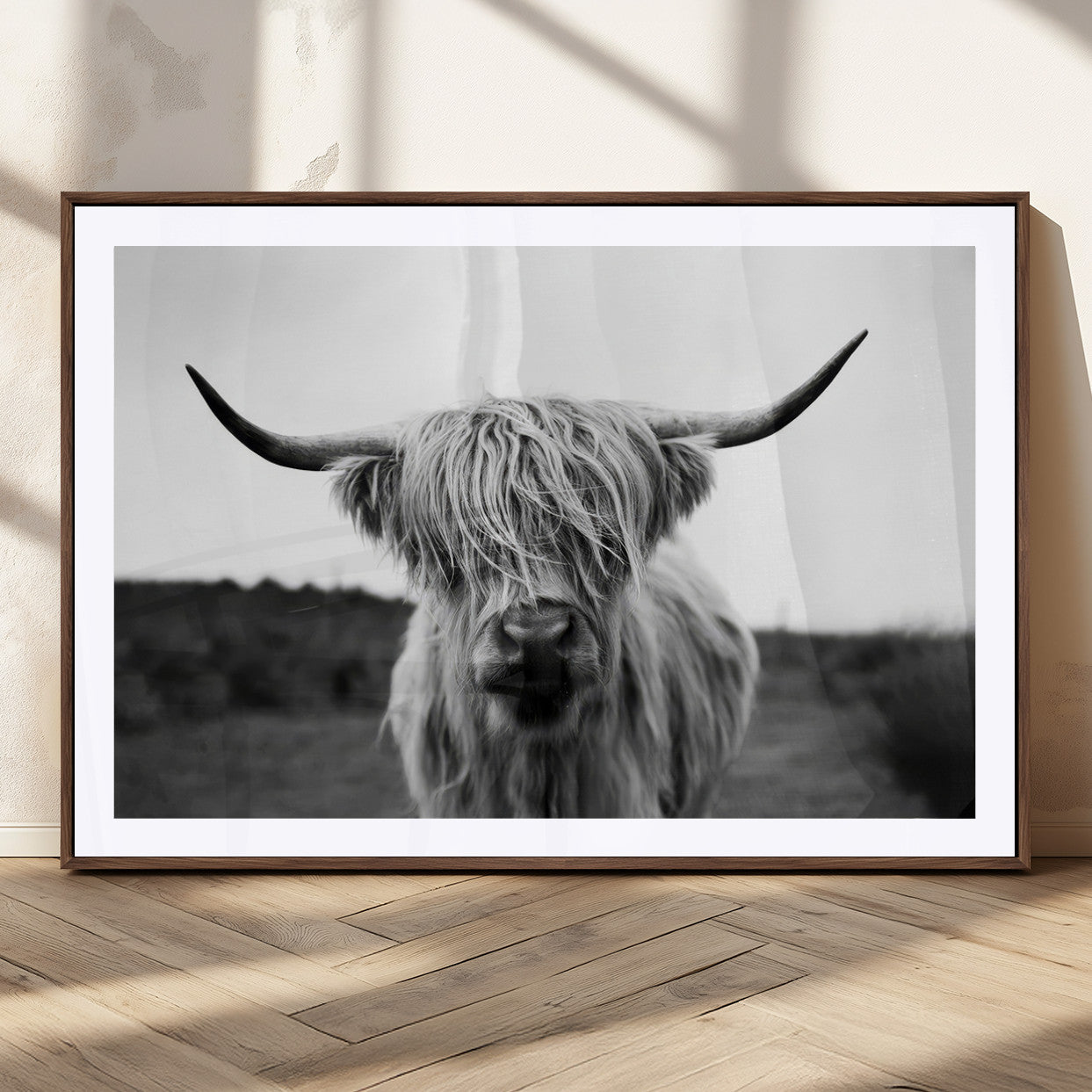 MGC-FP-36x24 - Highland Cow Wall Art | Black and White Farmhouse Decor | Triptych Canvas Print | Rustic Barn Decor