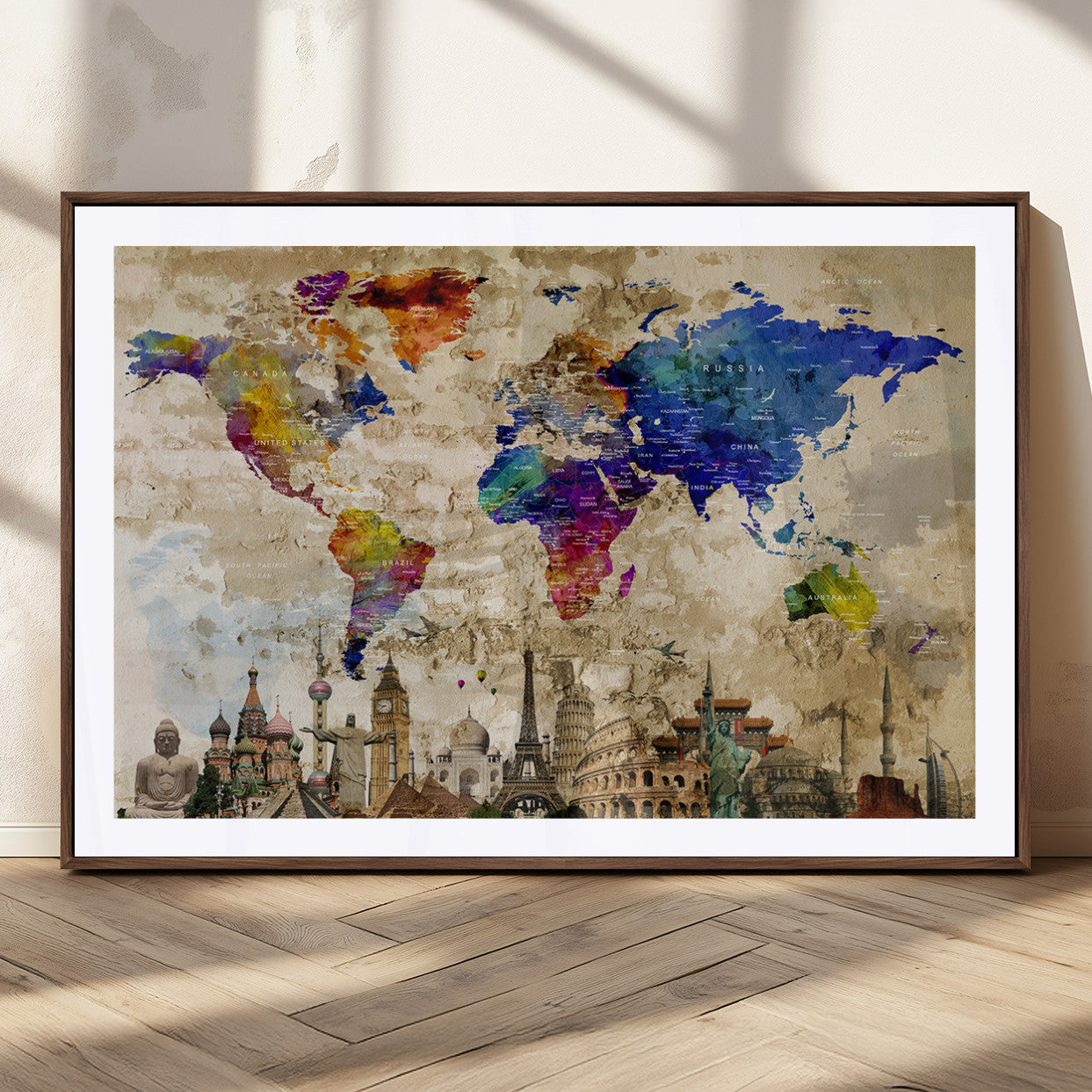 MGC-FP-36x24 - Push Pin World Map Canvas Print – Framed Wall Art for Couples to Track Their Travels – Anniversary