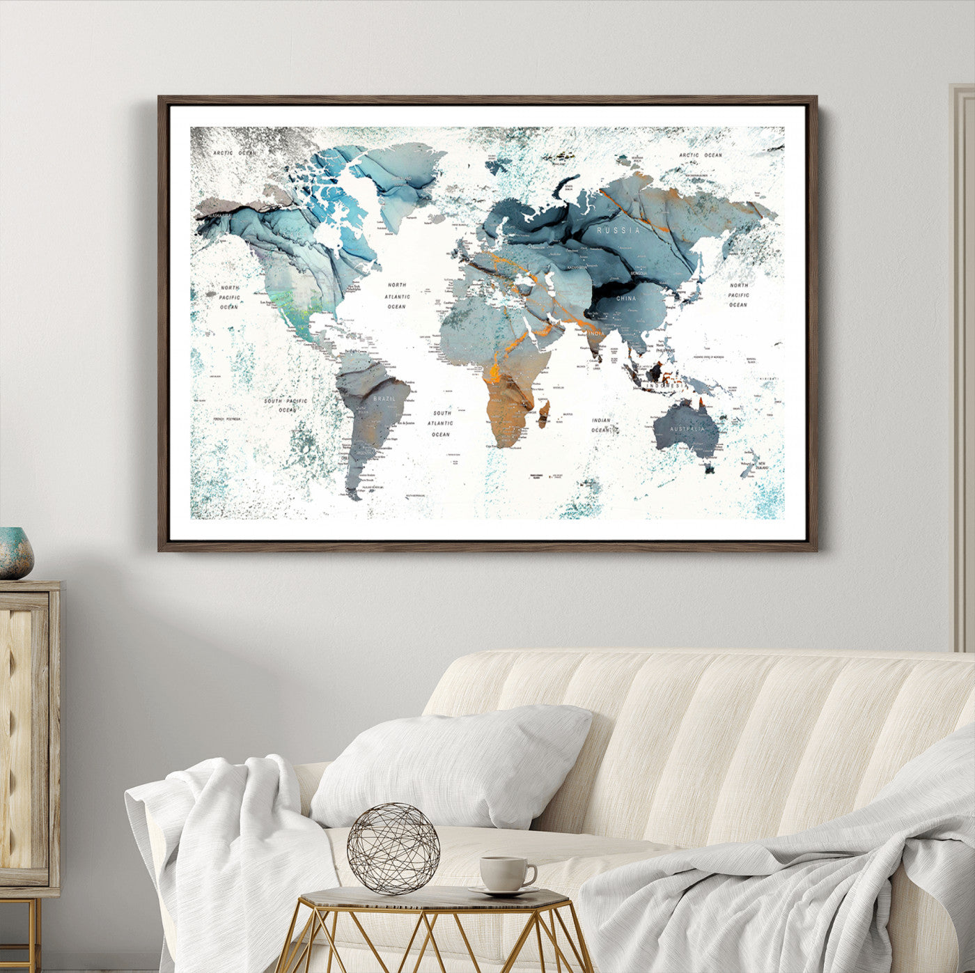 48730-MGC-FP-36x24_Walnut-Push Pin World Map Canvas Print – Framed Wall Art for Couples to Track Their Travels – Anniversary Gift or Home Adventure Decor