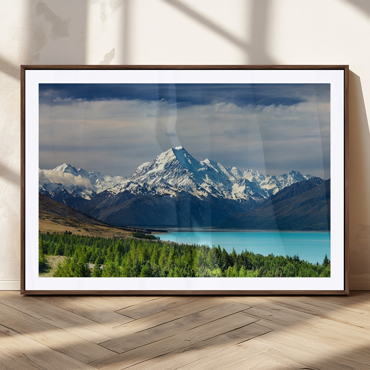 MGC-FP-36x24 - Mount Cook and Lake Pukaki Canvas Wall Art Print – Majestic Snow-Capped Peaks and Serene Lake Wall