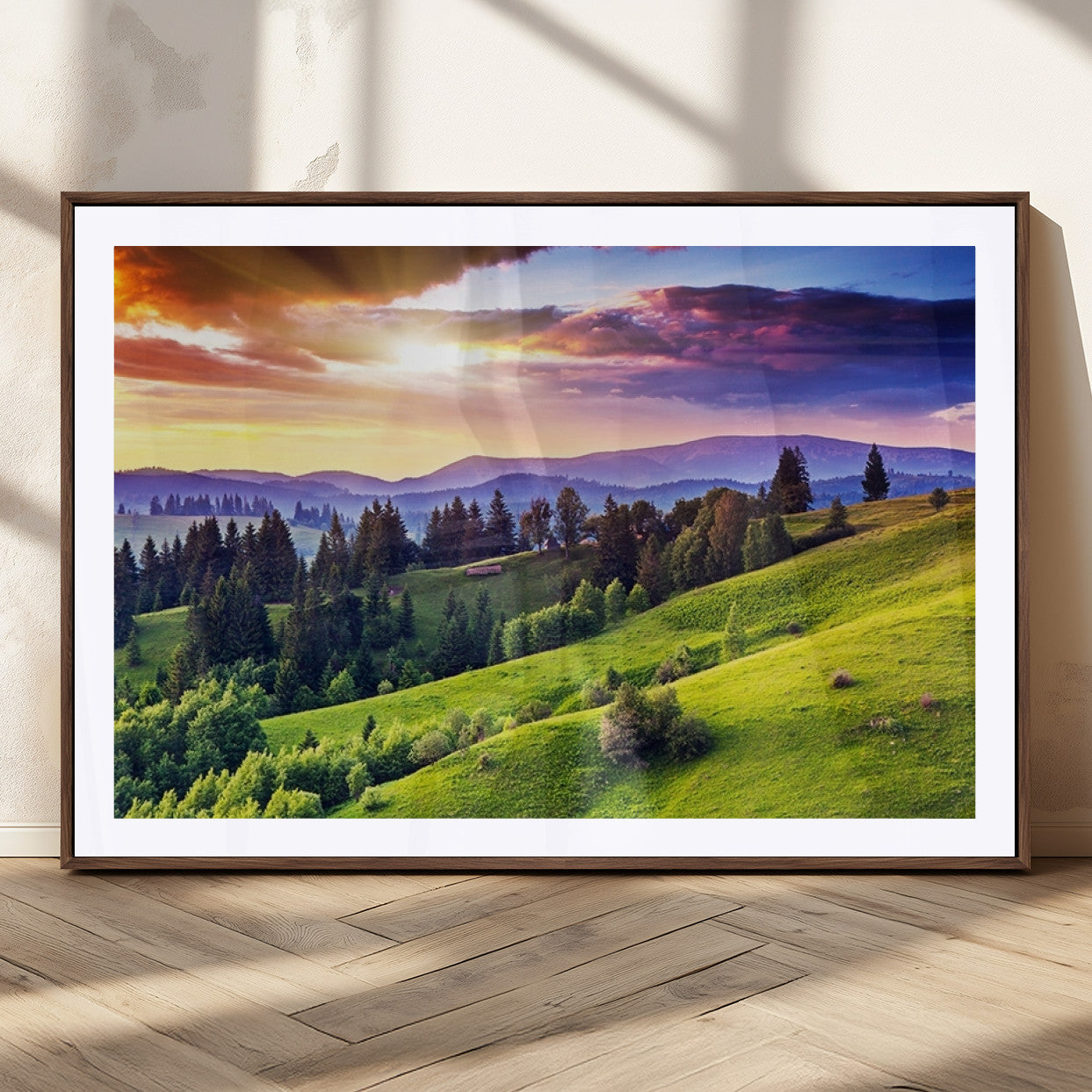MGC-FP-36x24 - Green Hills and Sunset Wall Art Print - Scenic Landscape with Lush Greenery and Vibrant Sky, Ready