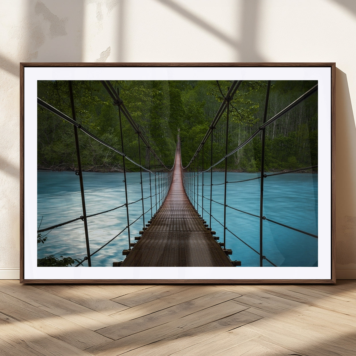 70229-MGC-FP-36x24_Walnut-Suspension Bridge Over River Canvas Art | 3-Panel Nature Photography | Scenic Wall Art for Living