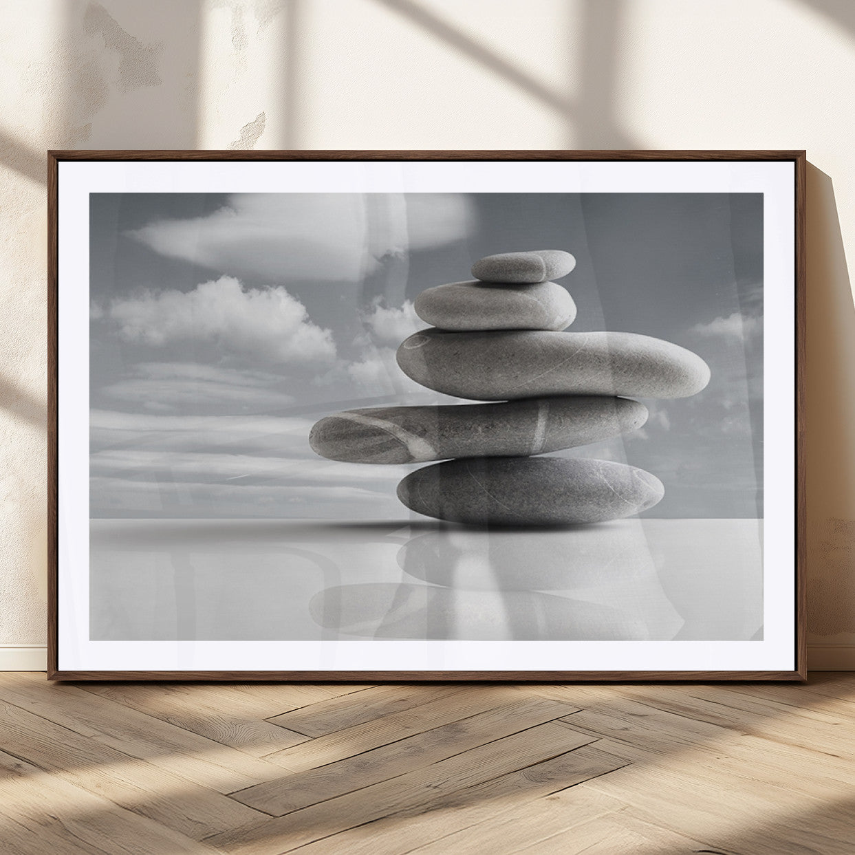 MGC-FP-36x24 - Still Life Black and White Zen Stones Wall Art Canvas, Framed Black and White Zen Stones Canvas