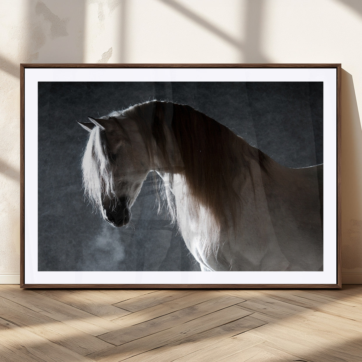 MGC-FP-36x24 - Large Wall Art Cream Colored Horse on Grey Background Canvas Print