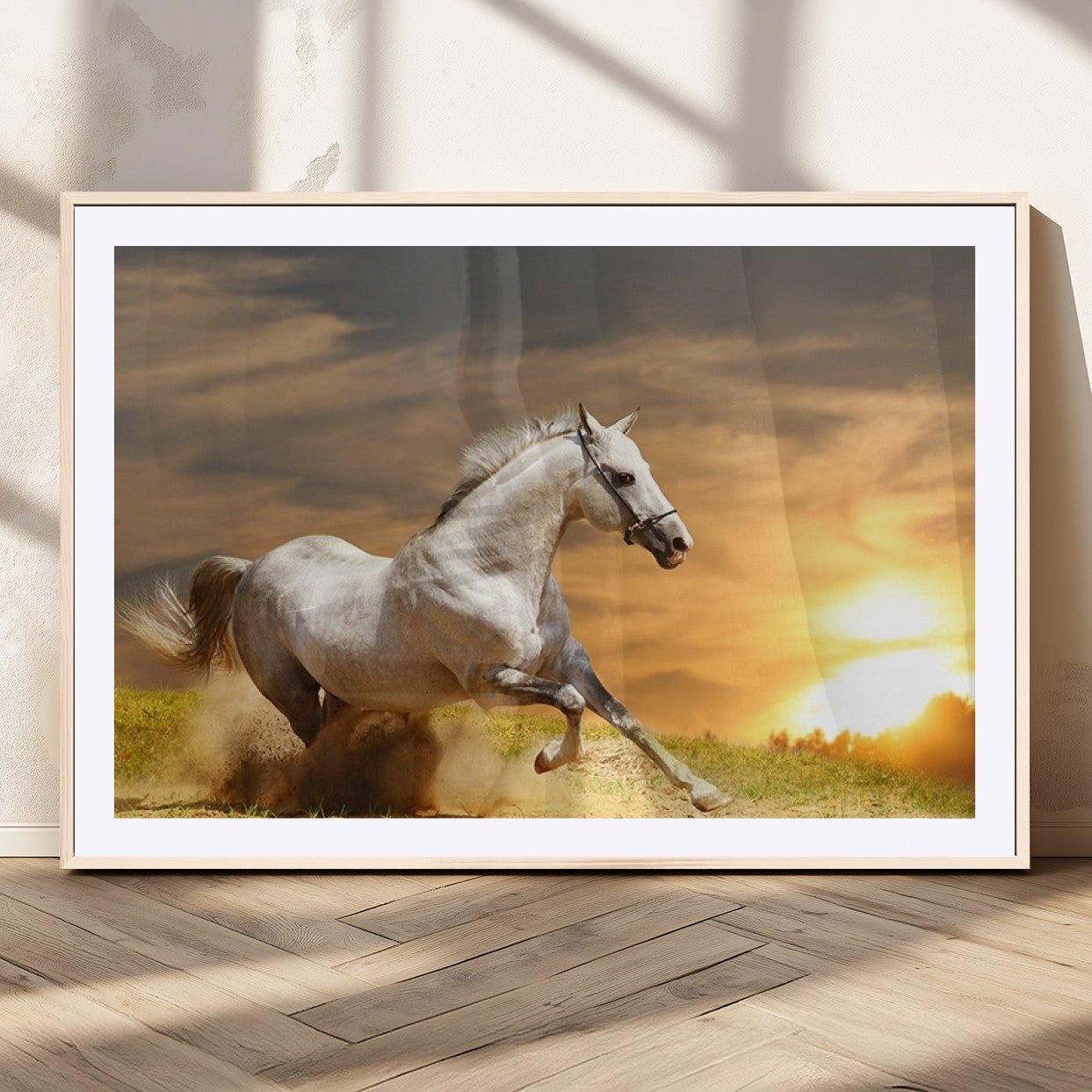MGC-FP-36x24 - Large Wall Art Galloping White Horse at Sunset Canvas Print