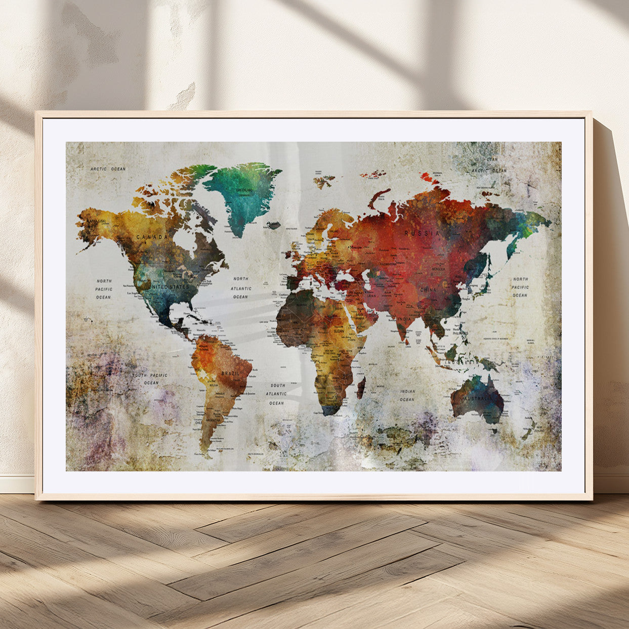92207-MGC-FP-36x24_Natural-Push Pin World Map Canvas Print – Framed Wall Art for Couples to Track Their Travels – Anniversary