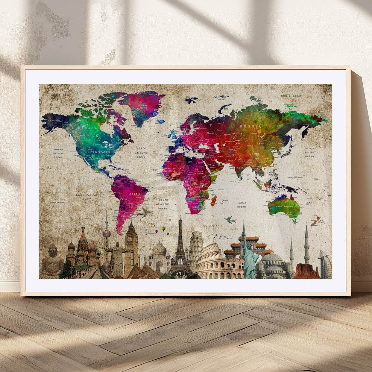 MGC-FP-36x24 - Push Pin World Map Canvas Print – Framed Wall Art for Couples to Track Their Travels – Anniversary