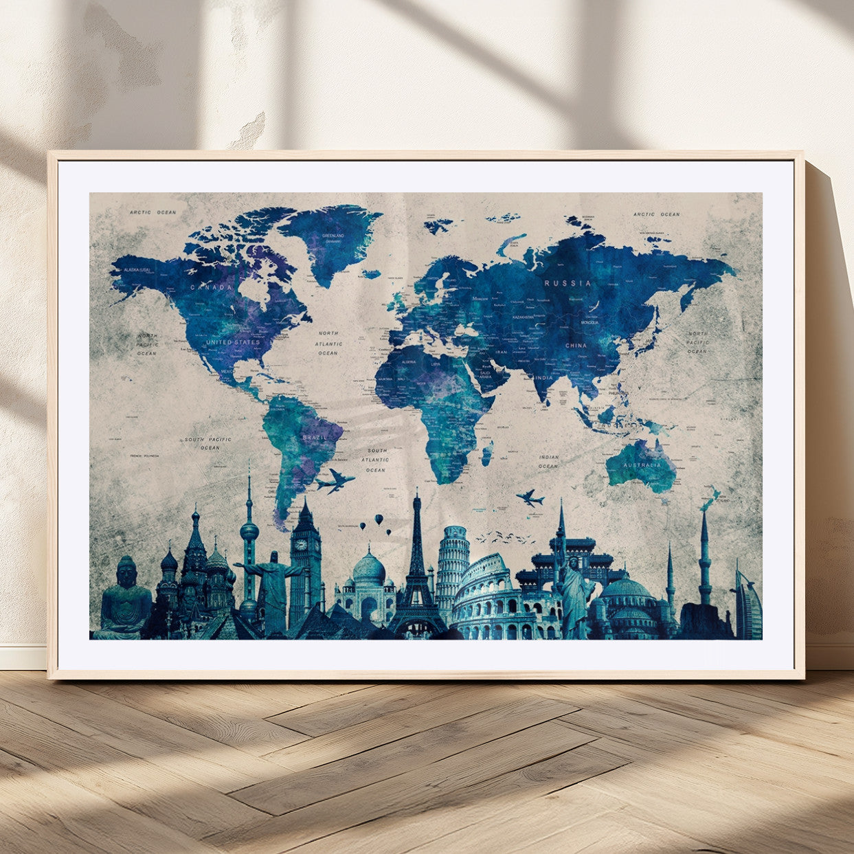 MGC-FP-36x24 - Navy Blue World Map Canvas Print, Wonder of World Map Push Pin Canvas Print