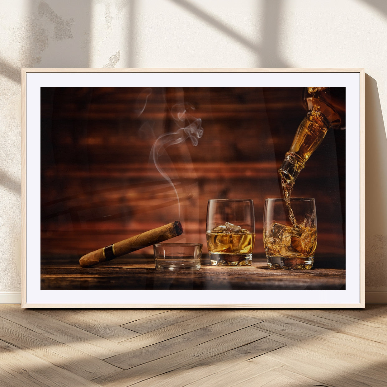 MGC-FP-36x24 - Whiskey and Cigar Wall Art Canvas | 3 Panel Bar Room Decor for Home Lounge, Office, or Man Cave |