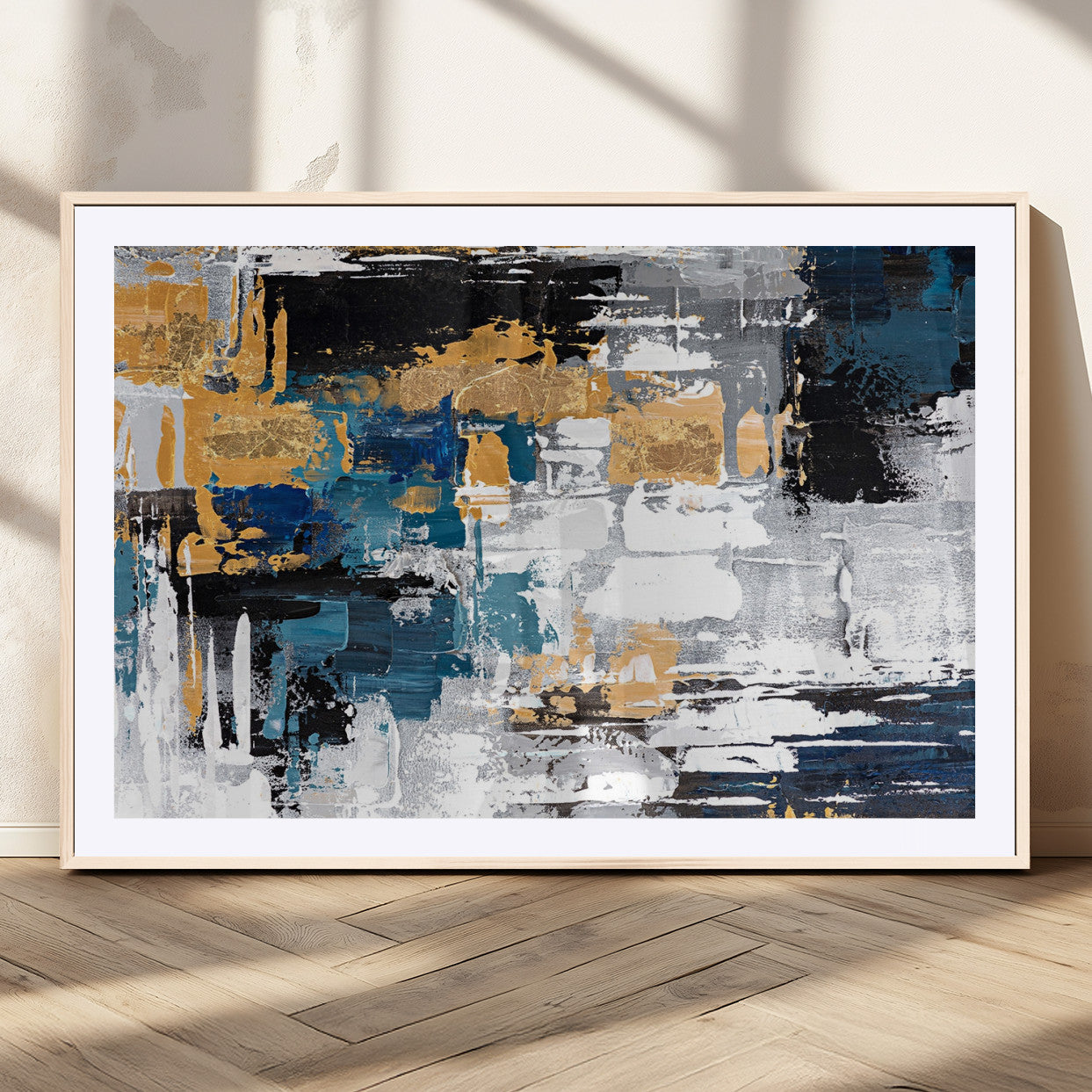 57708-MGC-FP-36x24_Natural-Blue and Gold Abstract Canvas Wall Art – Triptych Modern Painting for Living Room – Framed and Ready to Hang