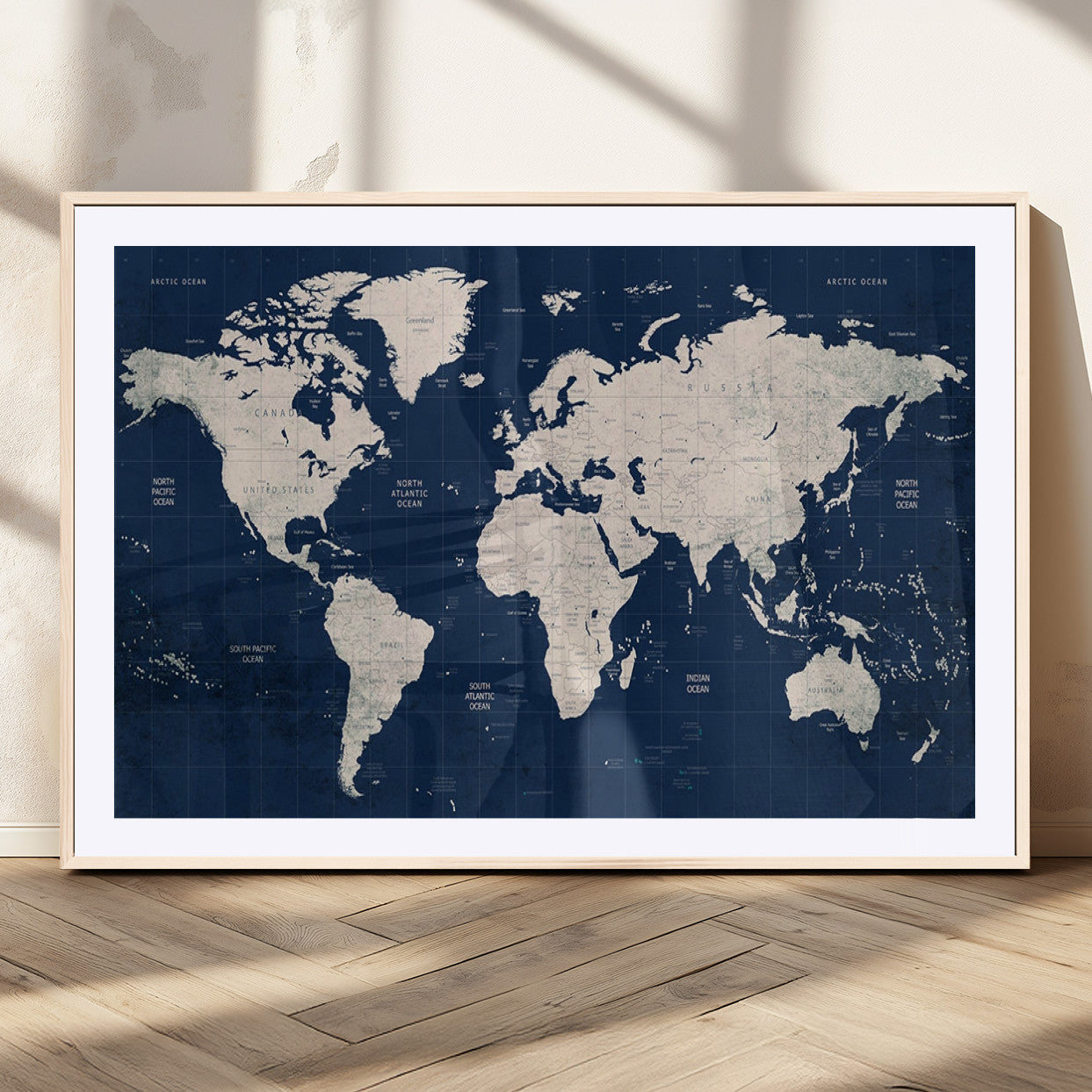 17866-MGC-FP-36x24_Natural-Push Pin World Map Canvas Print – Framed Wall Art for Couples to Track Their Travels – Anniversary