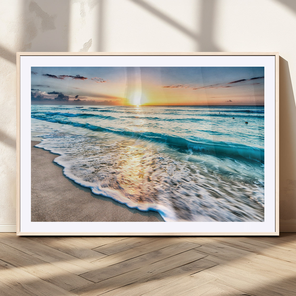 MGC-FP-36x24 - Sunset Beach Waves Canvas Wall Art – 5-Panel Ocean Sunset Print – Coastal Decor for Living Room or