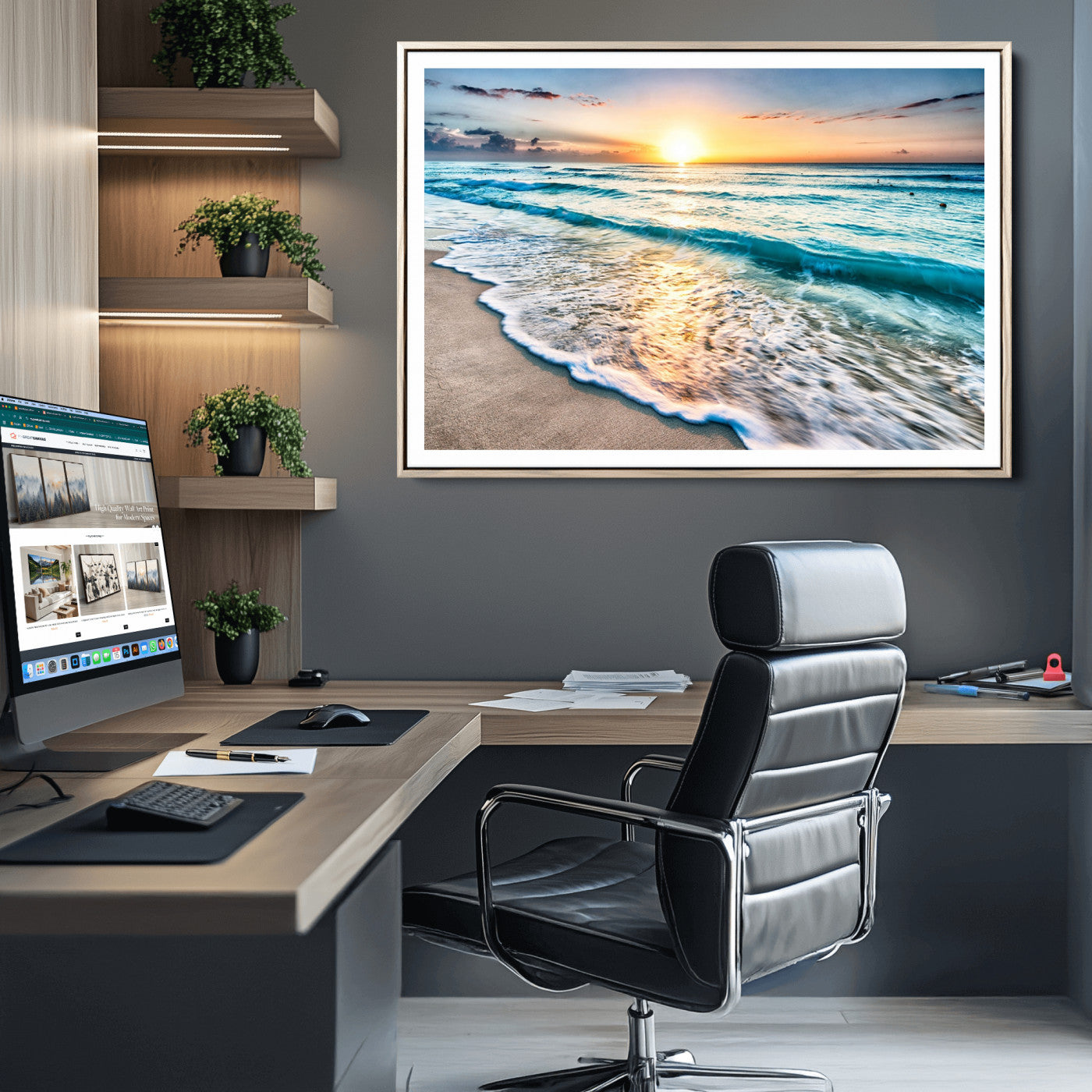 27815-MGC-FP-36x24_Natural-Sunset Beach Waves Canvas Wall Art – 5-Panel Ocean Sunset Print – Coastal Decor for Living Room or Bedroom – Ready to Hang