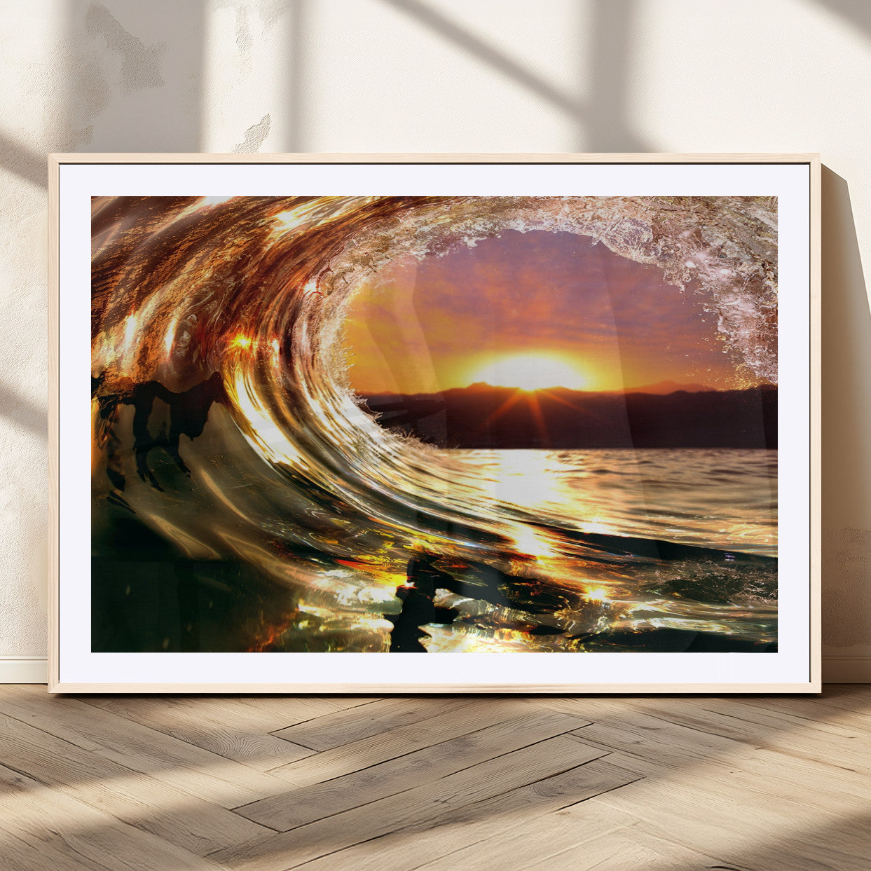 MGC-FP-36x24 - Golden Wave Sunset Triptych Canvas Art, Giclee Canvas Print of Ocean Wave and Sunset, Framed Ocean