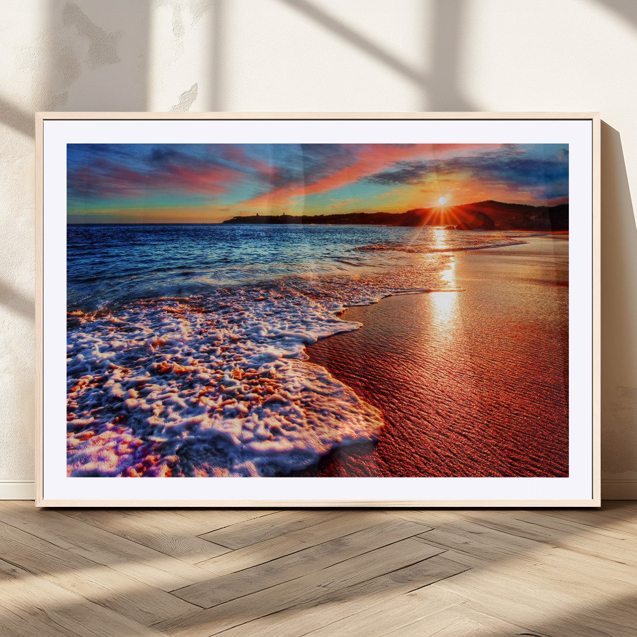 MGC-FP-36x24 - Colorful Coastal Sunset on the Beach Canvas Print, Ocean Waves Crashing at Dusk, Multi-Panel