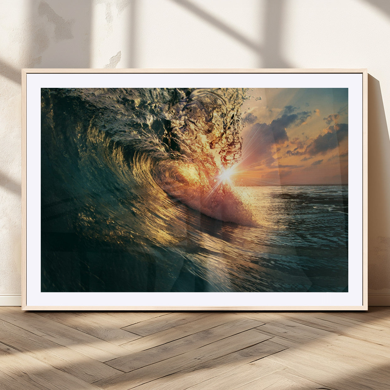 MGC-FP-36x24 - Ocean Wave Sunset Canvas Wall Art – Triptych Seascape Print – Framed and Ready to Hang for Living